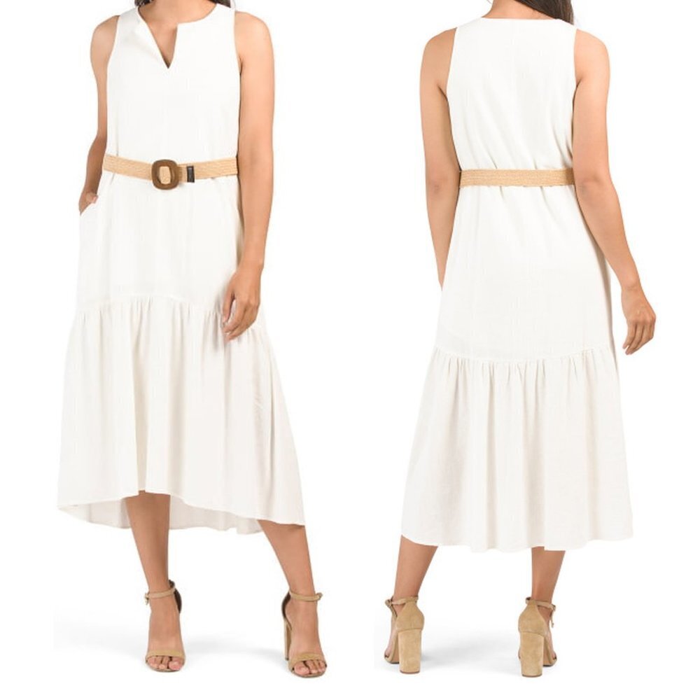 NWT New Adyson Parker White Split Neck Easy Tiered Linen Dress Size L